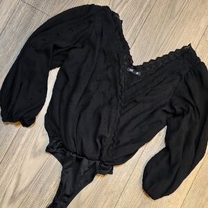 Express Black Ruffled Cross Front Lace Sleeve Bodysuit